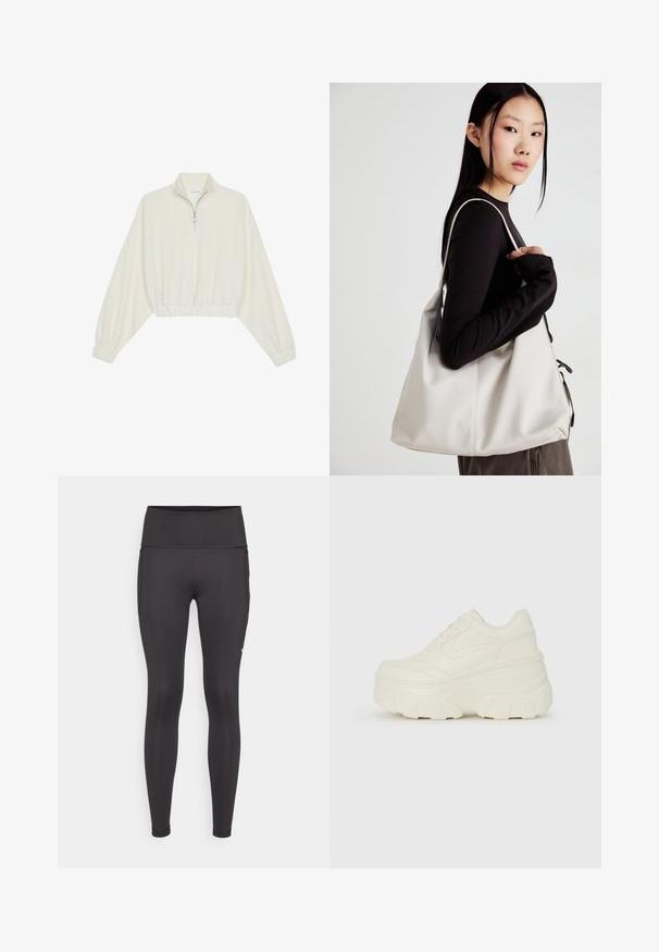 Pullover court en tissu crème, avec un col haut, fermeture éclair à mi-hauteur, ourlet et poignets élastiqués, offrant une texture lisse et un design minimaliste.; Leggings noirs avec une taille haute, une texture lisse et une coupe près du corps. Comprend des poches latérales et des détails de couture minimaux.; Baskets plateformes blanches avec une tige en simili cuir lisse, une forme arrondie, un col rembourré et une semelle en caoutchouc texturé avec des crampons définis.; Sac à main beige en matériau souple, avec un design décontracté, des détails cousus et deux poignées. Idéal pour un usage quotidien.