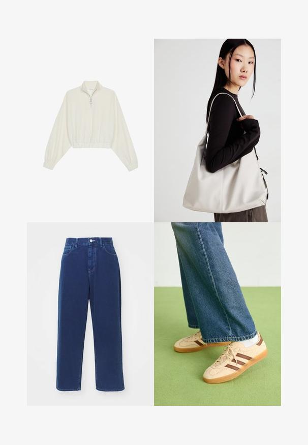 Kratka pulover v kremnem blagu, z visokim ovratnikom, pol-zadrgo, elastičnim robom in manšetami, z gladko teksturo in minimalističnim oblikovanjem.; Temno modri široki kavbojke iz bombažnega materiala, s visokim pasom, sprednjimi žepi in kontrastnim šivom.; Bež teniske z teksturiranimi kremnimi paneli in rjavimi črtami, v kombinaciji z modrimi kavbojkami. Kavbojke imajo široke hlačnice in raztrgan rob.; Bežna torbica iz mehkega materiala, z ohlapno zasnovo, šivi in dvema naramnicama. Primerna za vsakodnevno uporabo.