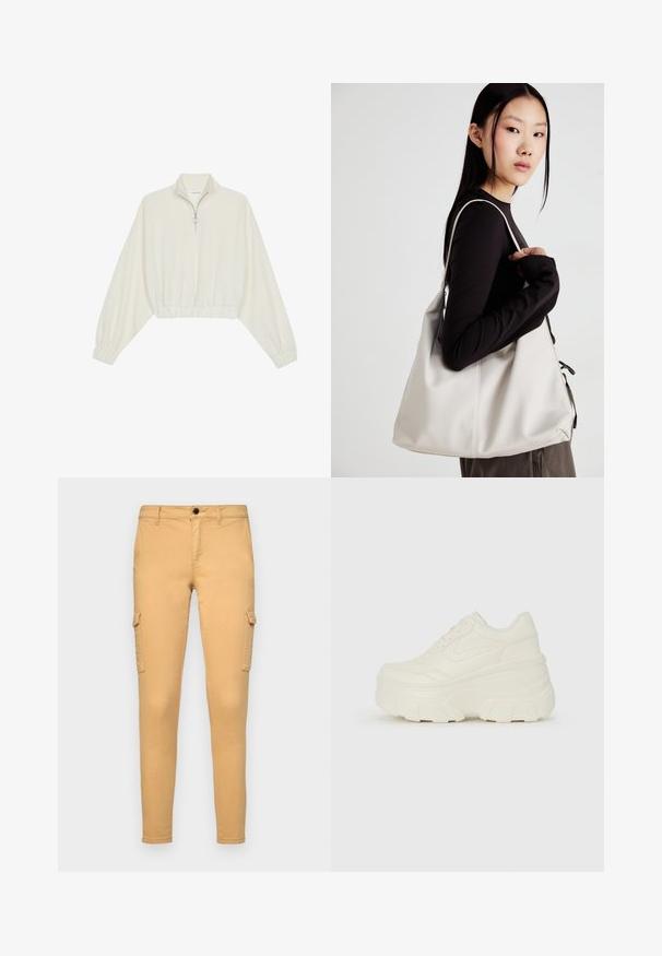 Zkrátený pulover z krémového materiálu, s vysokým golierom, polovičným zipsom, elastickým lemom a manžetami, s hladkou textúrou a minimalistickým dizajnom.; Bežové cargo nohavice vyrobené z bavlny, s bočnými vreckami, predným zapínaním na gombík a štíhlym strihom. Hladká textúra, bez viditeľných vzorov.; Biele platformové tenisky s hladkým koženkovým svrchným materiálom, zaobleným tvarom, polstrovaným golierom a textúrovanou gumovou podrážkou s výrazným vzorom.; Béžová kabelka vyrobená z mäkkého materiálu, s uvoľneným dizajnom, prišitými detailmi a dvoma popruhmi na nosenie na pleciach. Vhodná na každodenné nosenie.