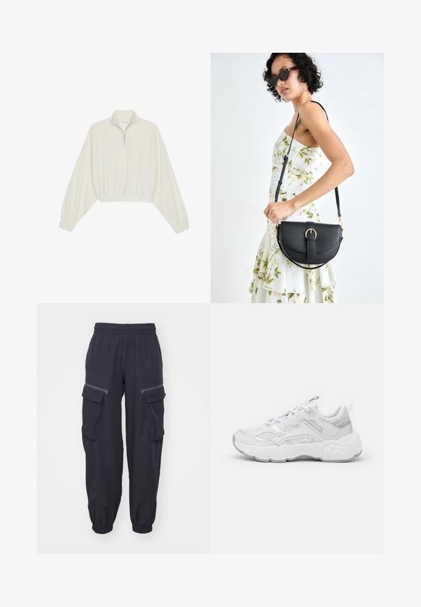 Krém színű, rövidített pulóver, magas gallérral, félig cipzáros záródással, elasztikus derék- és ujjakrésszel, sima textúrával és minimalista dizájnnal.; Tengerészi cargo nadrág rugalmas derékkal, két oldalsó zsebbel és rugalmas mandzsettával, puha, texturált anyagból.; Fehér sportcipők, légáteresztő hálós felsőrész, párnázott nyelv és nyelvhurk. Vastag gumitalp, texturált díszítéssel és ezüst kiegészítőkkel.; Fekete bőrtáska ívelt formával, levehető pánttal és arany színű fémrészekkel. A táskán egy csattal díszített fedél található.