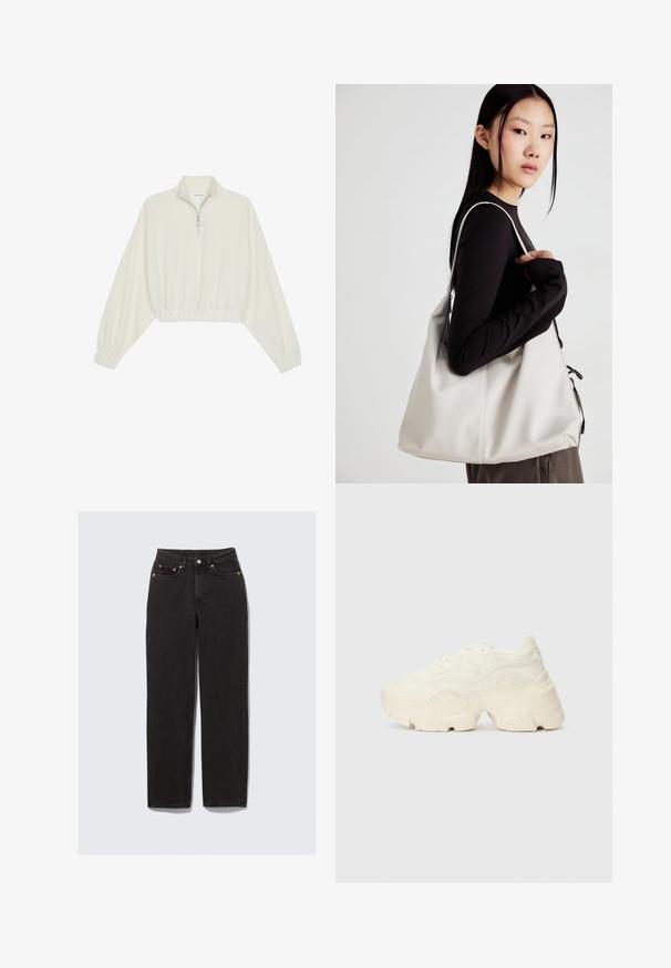 Sudadera cropped en tejido crema, con cuello alto, cierre de media cremallera, dobladillo y puños elásticos, con una textura suave y un diseño minimalista.; Vaqueros de mezclilla negra de cintura alta, pierna recta, con accesorios de hardware en color cobre, diseño de cinco bolsillos y detalles de costura visibles.; Zapatillas blancas gruesas hechas de malla texturizada y materiales sintéticos, con una suela gruesa y detalles de patrones intrincados a lo largo de los lados.; Bolso de mano beige hecho de material suave, con un diseño holgado, detalles cosidos y dos asas. Adecuado para uso diario.