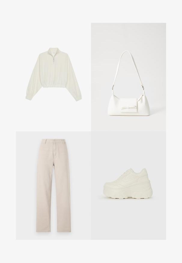 Kreminės spalvos trumpas megztinis, turintis aukštą apykaklę, pusiau užtrauktuką, elastinį apačią irRankovių kraštus, su lygiu paviršiumi ir minimalizuotu dizainu.; Šviesiai rudos palaidinės kelnės, pagamintos iš medvilnės, su priekine mygtukų uždarymo sistema, dirželio kilpomis ir klasikinio kirpimo, kuriam būdingi švarūs kontūrai.; Baltos platformos sportbačiai su lygiu odos primenančiu paviršiumi, apvalia forma, paminkštintu apykakle ir tekstūruotu guminiu padu su ryškiais protektoriais.; Balta sintetinė rankinė trikampio formos, plokščiu priekiu su užsegimu, kaspino detale, reguliuojama dirželiu, lygia tekstūra ir minimalistišku dizainu.