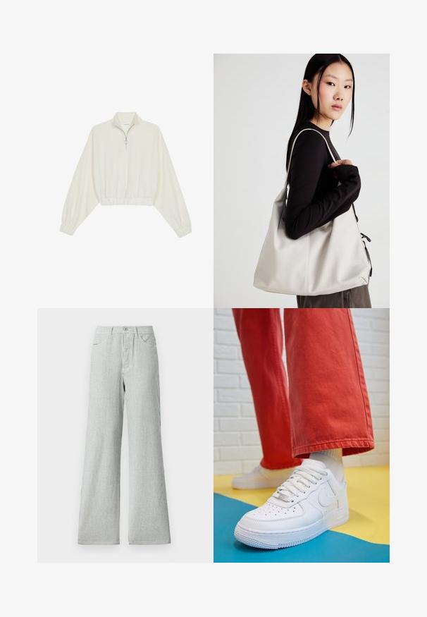 Kreminės spalvos trumpas megztinis, turintis aukštą apykaklę, pusiau užtrauktuką, elastinį apačią irRankovių kraštus, su lygiu paviršiumi ir minimalizuotu dizainu.; Juostuoti plačiakojai kelnių pagaminti iš lengvos medžiagos, su vertikaliomis mėlynomis ir baltomis juostelėmis, aukštu liemeniu ir priekinėmis kišenėmis.; Baltos odinės kedų sportbačiai su perforuotu pirštu, tekstūruota pado dalimi ir baltais raišteliais, derinami su plačiomis raudonomis kelnėmis ir mėlynos bei geltonos spalvų fono kompozicija.; Bežinė rankinė, pagaminta iš minkštos medžiagos, turinti laisvą dizainą, siuvinėtas detalės ir dvi petnešos. Tinkama kasdieniam naudojimui.