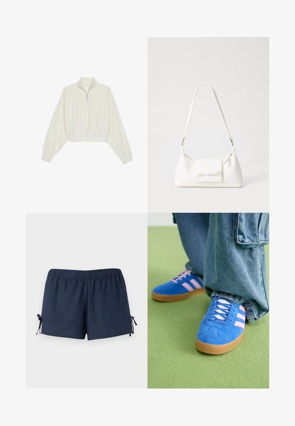 Pulover scurt din stofă crem, cu guler înalt, închidere cu fermoar pe jumătate, elastic la margini și la manșete, cu o textură netedă și un design minimalist.; Pantaloni scurți navy cu un tiv elastic și șnururi ajustabile pe laterale. Materialul pare neted, cu un ușor luciu. Croi relaxat, peste genunchi.; Pantofi din piele întoarsă albaștri cu dungi roz și șireturi albe, având o talpă din cauciuc gumat, asortați cu pantaloni din denim largi pe o suprafață verde.; Geantă sintetică albă, cu formă triangulară, capac frontal plat și detaliu cu fundă, curea ajustabilă, textură netedă și design minimalist.