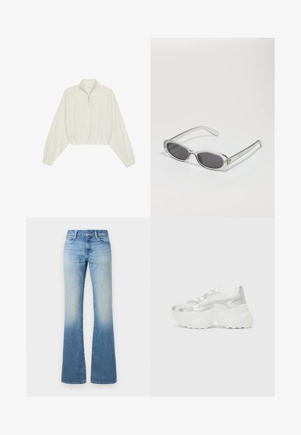 Pullover curto em tecido creme, apresentando um colarinho alto, fecho de meio zíper, bainha e punhos elásticos, com uma textura suave e design minimalista.; Jeans de ganga azul claro com cintura alta e pernas largas, apresentando bolsos frontais e traseiros e um fecho de botão.; Sapatilha prateada com um cabedal em malha texturizada e detalhes iridescentes, apresentando uma sola branca robusta e fecho de atacador.; Óculos de sol com formato oval, armação de plástico transparente, lentes cinza-escuro e hastes finas transparentes com detalhes do logótipo e um design minimalista.