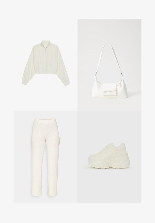 Krém színű, rövidített pulóver, magas gallérral, félig cipzáros záródással, elasztikus derék- és ujjakrésszel, sima textúrával és minimalista dizájnnal.; Tejfehér bordázott nadrág, szűkített derékkal és egyenes lábakkal, puha, textúrált anyagból készült. Nincsenek látható minták vagy díszítések.; Fehér platform sportcipők, sima bőrszerű felsőrésszel, kerek formával, párnázott bokával és texturált gumitalppal, jól definiált mintázattal.; Fehér szintetikus kézitáska, háromszög alakú, lapos előlap, masni részlettel, állítható pánttal, sima textúrával és minimalista dizájnnal.
