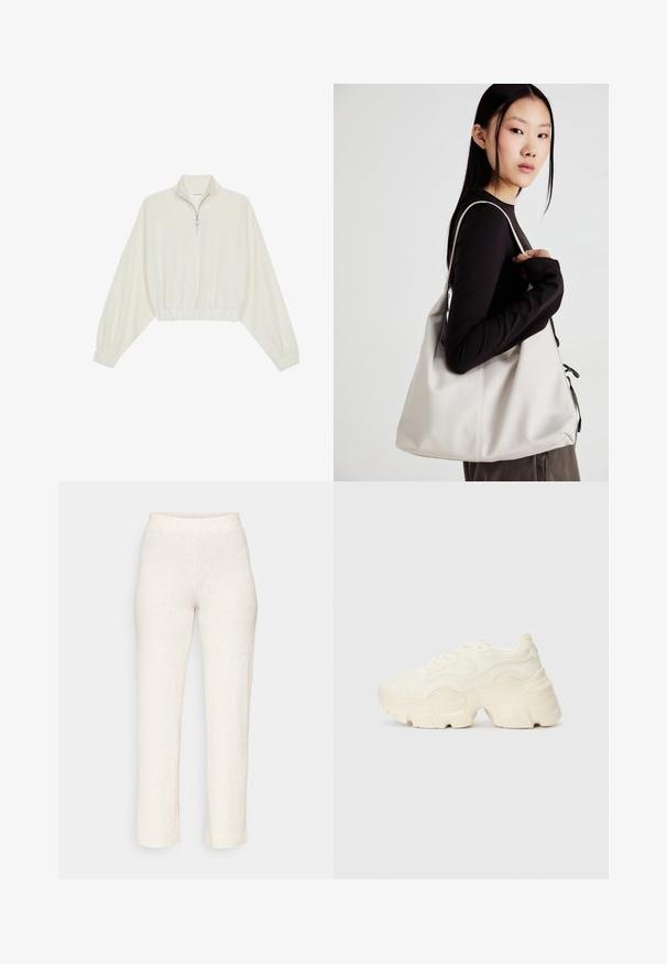Pullover court en tissu crème, avec un col haut, fermeture éclair à mi-hauteur, ourlet et poignets élastiqués, offrant une texture lisse et un design minimaliste.; Pantalons côtelés de couleur crème avec une taille ajustée et des jambes droites, fabriqués dans un tissu doux et texturé. Pas de motifs ou d'accents visibles.; Baskets blanches chunky en maille texturée et matériaux synthétiques, avec une semelle épaisse et des détails en motif complexes sur les côtés.; Sac à main beige en matériau souple, avec un design décontracté, des détails cousus et deux poignées. Idéal pour un usage quotidien.