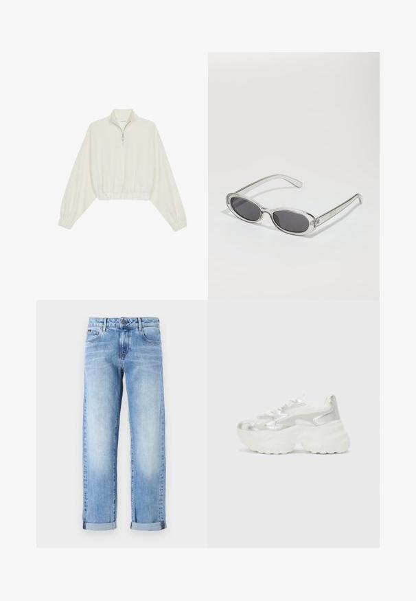 Kreptais pusītes džemperis krēmkrāsā, ar augstu apkakli, puszipa aizdari, elastīgu apakšmalu un aprocēm, ar gludu tekstūru un minimālistisku dizainu.; Gai zila džinsu bikses ar sarullētām piedurknēm, priekšējo pogu un rāvējslēdzēju, kā arī klasisko piecu kabatu dizainu uz balta fona.; Sudraba sporta apavi ar teksturētu sieta virsmu un iridescentiem akcentiem, aprīkoti ar masīvu baltu zoli un saistēšanas aizdari.; Saulesbrilles ar ovālu formu, caurspīdīgu plastmasas rāmi, tumši pelēkiem stikliem un plāniem caurspīdīgiem kātiem, kas satur logotipa akcentus un minimālu noformējumu.