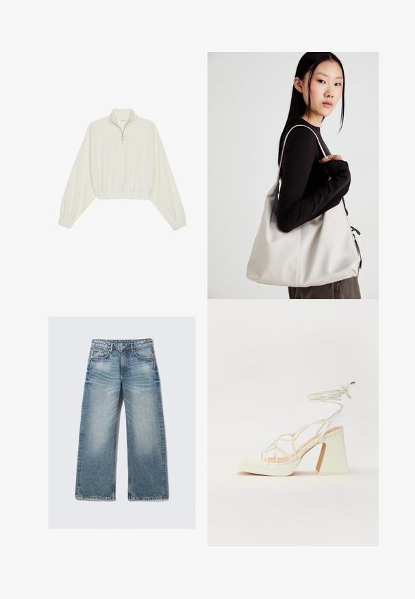 Skraćeni pulover od kremastog materijala, s visokim ovratnikom, zatvaranjem na polovicu munje, elastičnim rubom i manžetama, s glatkom teksturom i minimalnim dizajnom.; Svijetloplavi široki traperice izrađene od denima, s visokim strukom, pet džepova te izblijedjelim pranjem s suptilnim efektom whiskeringa.; Bijela sandala na visokoj potpetici s debelim petom, s remenom i vezanjem oko gležnja. Glatka tekstura s platformom sprijeda za dodatnu visinu.; Bežna torba od mekog materijala s opuštenim dizajnom, šivanim detaljima i dva remena za rame. Pogodna za svakodnevnu upotrebu.