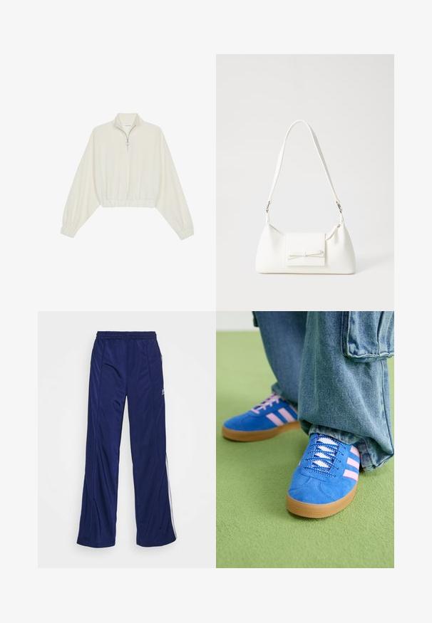 Krém színű, rövidített pulóver, magas gallérral, félig cipzáros záródással, elasztikus derék- és ujjakrésszel, sima textúrával és minimalista dizájnnal.; Tengeri kék sportnadrág elasztikus derékkal, egyenes lábakkal és oldalsó cipzárokkal. Fehér díszítő csíkkal a oldalakon. Simára szőtt anyag.; Kék velúr cipők rózsaszín csíkokkal és fehér fűzővel, gumiból készült talppal, laza farmernadrággal egy zöld felületen.; Fehér szintetikus kézitáska, háromszög alakú, lapos előlap, masni részlettel, állítható pánttal, sima textúrával és minimalista dizájnnal.