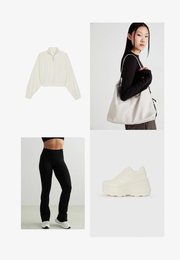 Kreptais pusītes džemperis krēmkrāsā, ar augstu apkakli, puszipa aizdari, elastīgu apakšmalu un aprocēm, ar gludu tekstūru un minimālistisku dizainu.; Melni pieguļoši legingi ar augstu jostasvietu, izgatavoti no stiepļu materiāla. Tie ir ar gludu tekstūru un ar platu potīšu dizainu. Saskaņoti ar baltiem sporta apaviem.; Baltie platformas sporta apavi, kas izgatavoti no gludas mākslīgās ādas, ar noapaļotu formu, mīkstu apkakli un teksturētu gumijas zoli ar izteiktiem rakstiem.; Bežs rokassoma, izgatavota no mīksta materiāla, ar brīvu dizainu, izšūtu apdari un divām plecu siksnām. Piemērota ikdienas lietošanai.
