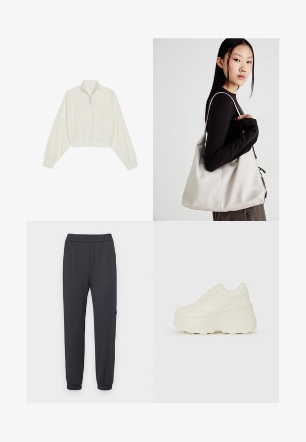 Pulover scurt din stofă crem, cu guler înalt, închidere cu fermoar pe jumătate, elastic la margini și la manșete, cu o textură netedă și un design minimalist.; Pantaloni de trening gri închis cu talie elastică, picioare conice și un buzunar lateral cu închidere cu fermoar. Material moale și mansete ribbate.; Adidași platformă albi, cu un superior neted asemănător cu pielea, formă rotunjită, guler căptușit și talpă din cauciuc texturată cu borduri bine definite.; Geantă bej din material moale, cu un design lejer, detalii cusute și două bretele pentru umăr. Potrivită pentru utilizarea zilnică.