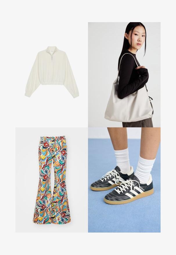 Kreemfarbenest lühikese varrukaga kudum, millel on kõrge kaelus, pool tõmblukk, elastne allosa ja varrukad, sile tekstuur ja minimaalne disain.; Laienevad püksid, mis on valmistatud kangast, millel on värvikas keerise muster punase, sinise, oranži ja kollase tooni kombinatsioonis, ning nupuga vöökoht.; Mustad nahast tennisetossud valgete triipudega, ümar nina, valged paelad ja kummist tallad. Esiletõstetud pehmendatud krae ja brändingu detailid.; Bež käekott pehme materjali, millel on lõtv disain, õmblustega detailid ja kaks õlarihma. Sobib igapäevaseks kasutamiseks.