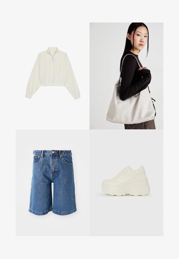 Skraćeni pulover od kremastog materijala, s visokim ovratnikom, zatvaranjem na polovicu munje, elastičnim rubom i manžetama, s glatkom teksturom i minimalnim dizajnom.; Denim šortsevi u plavoj boji, s ravnim krojem, pet džepova i kontrastnim žutim šavovima. Sadrži mali logotip s lijeve strane.; Bijele platformske tenisice s glatkim gornjim dijelom koji nalikuje koži, zaobljenim oblikom, podstavljenim okvirom i teksturiranim gumeni potplat s definiranom profilacijom.; Bežna torba od mekog materijala s opuštenim dizajnom, šivanim detaljima i dva remena za rame. Pogodna za svakodnevnu upotrebu.