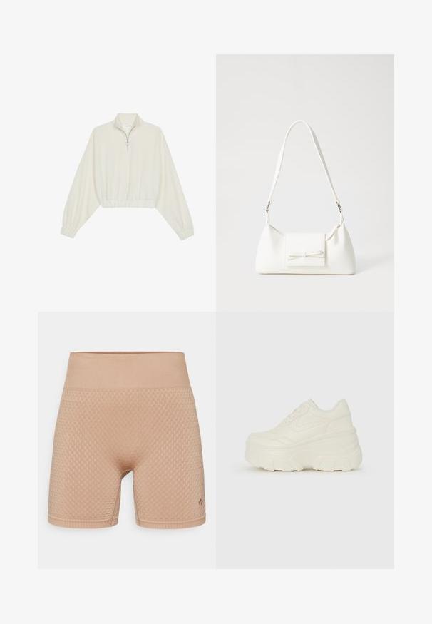 Zkrácený svetr z krémové látky, který má vysoký límec, poloviční zip, elastický spodní lem a manžety, hladkou texturu a minimalistický design.; Even&Odd active MID RISE SEAMLESS CYCLING SHORTS WITH RIBBED WAISTBAND
- Punčochy - dark brown; Bílé platformové tenisky s hladkým svrškem podobným kůži, zaobleným tvarem, polstrovaným límcem a texturovanou gumovou podrážkou s vyznačenými vzory.; Bílá syntetická kabelka v trojúhelníkovém tvaru, s plochým předním klopným víkem a detailem mašle, nastavitelným popruhem, hladkým povrchem a minimalistickým designem.