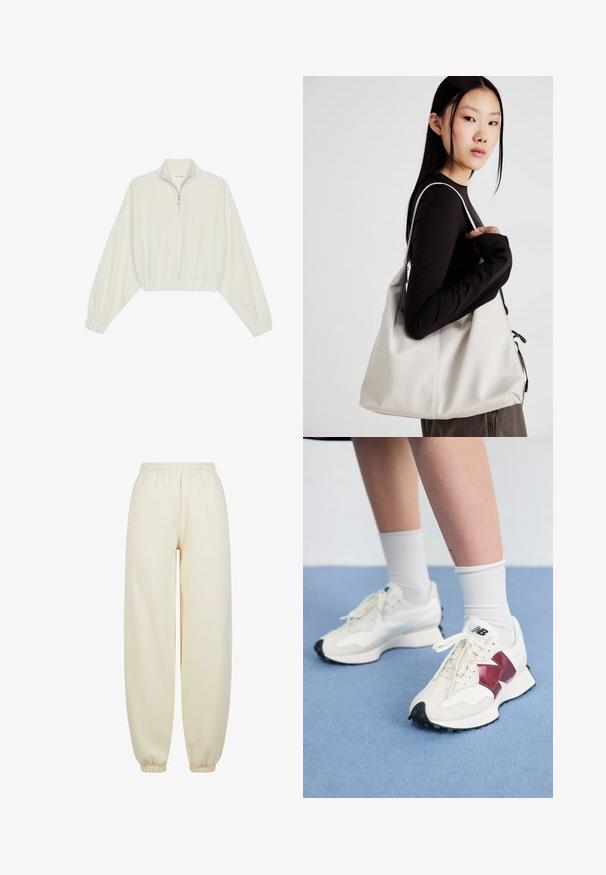 Kreemfarbenest lühikese varrukaga kudum, millel on kõrge kaelus, pool tõmblukk, elastne allosa ja varrukad, sile tekstuur ja minimaalne disain.; Kreemivärvi joggingupüksid, mis on valmistatud pehmest kangast, laia jala disainiga, elastse vöökoha ja jalge alla sobivate mansettidega.; Valge tenniste paar marooni aktsentide, tekstuuriliste paneelide, lame musta tallaga ja heleda nööriga, kantud valgete pahkl sockidega.; Bež käekott pehme materjali, millel on lõtv disain, õmblustega detailid ja kaks õlarihma. Sobib igapäevaseks kasutamiseks.