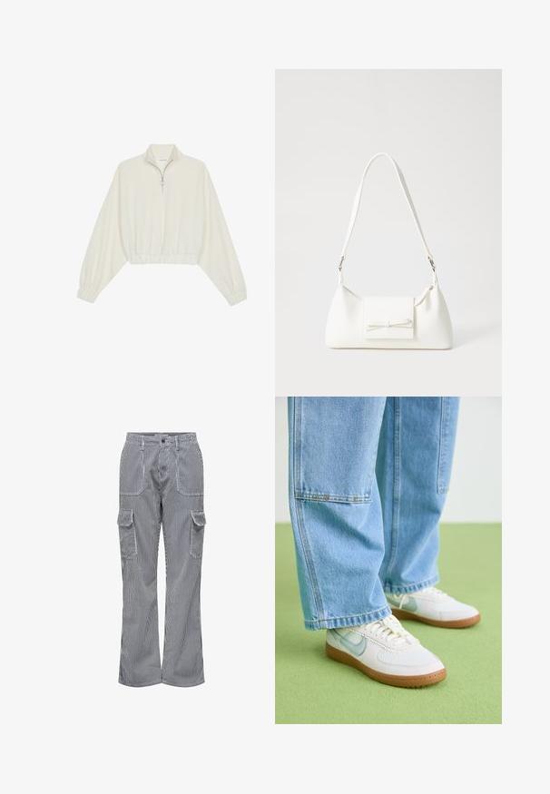 Lyhyt kerrosvaate vaaleasta kankaasta, jossa on korkea kaulus, puolivetoketjukiinnitys, joustavat helma ja hihansuut, tasainen pinta ja minimalistinen muotoilu.; Puuvillasegu cargo püksid, millel on vertikaalsed sinised ja valged triibud. Omab kahte esimest taskut ja kahte külgtaskut. Lõdva istuvusega.; Valkoiset sneakerit vaaleansinisin yksityiskohdoin, teksturoidusta verkkomateriaalista valmistettu yläosa ja vaaleanruskea kumiulkopohja, yhdistettyinä löysiin vaaleansinisiin farkkuihin.; Valkoinen synteettinen käsilaukku, jossa on kolmikulmainen muoto, tasainen etu läppä ja nauhadetail, säädettävä olkahihna, sileä rakenne ja minimalinen muotoilu.