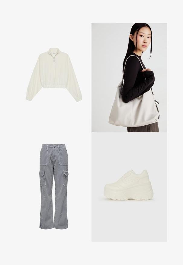 Kreptais pusītes džemperis krēmkrāsā, ar augstu apkakli, puszipa aizdari, elastīgu apakšmalu un aprocēm, ar gludu tekstūru un minimālistisku dizainu.; Kokvilnas maisījuma kravas bikses ar vertikālām zilām un baltām svītrām. Iespējots divas priekšējās kabatas un divas sānu kravas kabatas. Brīvs piegriezums.; Baltie platformas sporta apavi, kas izgatavoti no gludas mākslīgās ādas, ar noapaļotu formu, mīkstu apkakli un teksturētu gumijas zoli ar izteiktiem rakstiem.; Bežs rokassoma, izgatavota no mīksta materiāla, ar brīvu dizainu, izšūtu apdari un divām plecu siksnām. Piemērota ikdienas lietošanai.
