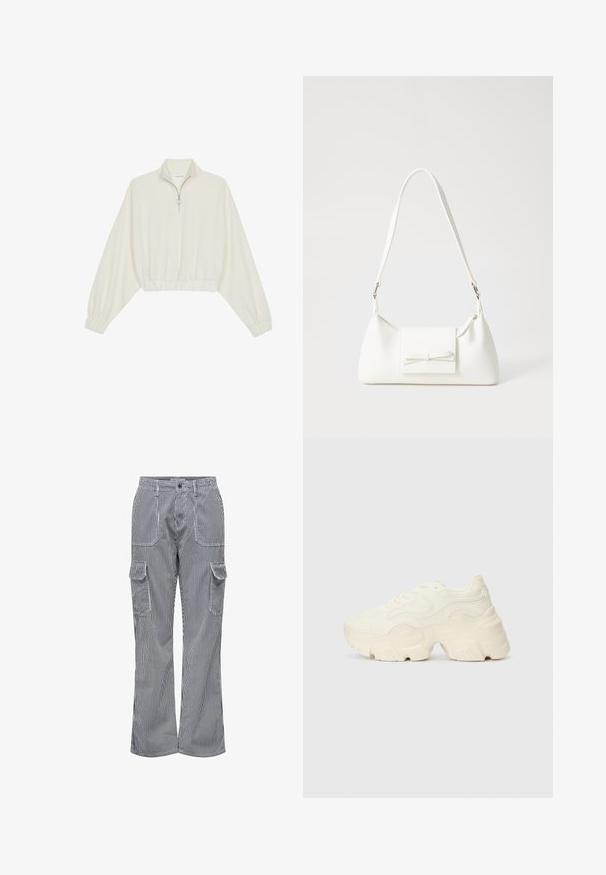 Kratka pulover v kremnem blagu, z visokim ovratnikom, pol-zadrgo, elastičnim robom in manšetami, z gladko teksturo in minimalističnim oblikovanjem.; Kopalne hlače iz mešanice bombaža z navpičnimi modrimi in belimi črtami. Imajo dve sprednji žepi in dva stranska žepa za tovornjake. Ohlapen kroj.; Debele bele športne copate, izdelane iz teksturirane mrežaste in sintetične materialov, z debelim podplatom in zapletenimi vzorčičnimi detajli ob straneh.; Bela sintetična torbica v obliki trikotnika, z ravnim sprednjim poklopcem in detajlom mašne, nastavljivim trakom, gladko teksturo in minimalističnim dizajnom.