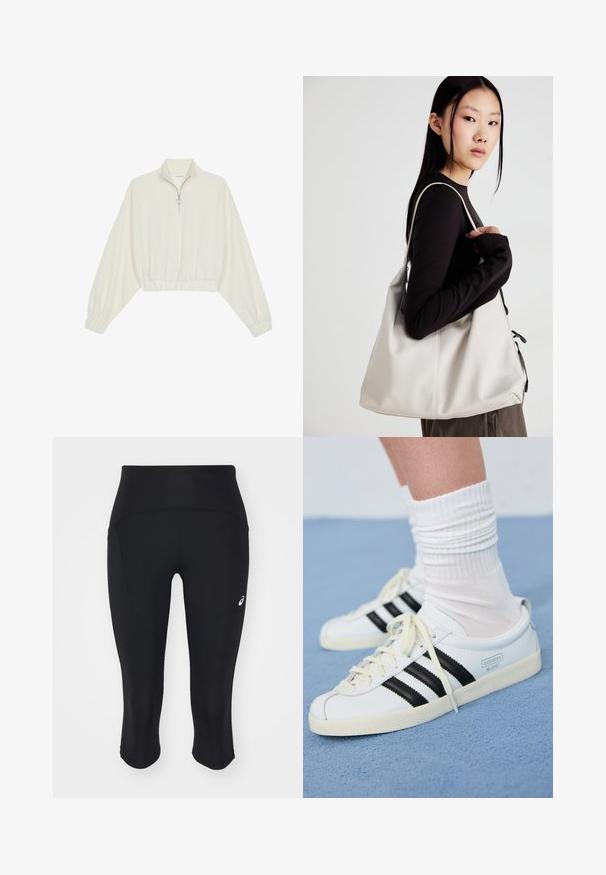 Pullover curto em tecido creme, apresentando um colarinho alto, fecho de meio zíper, bainha e punhos elásticos, com uma textura suave e design minimalista.; Leggings capri pretos feitos de material elástico. Apresentam uma cintura alta, bolso lateral e um pequeno logotipo no quadril esquerdo. Textura suave.; Tenis brancos de couro com riscas pretas, sola em creme e atacadores claros. Usados com meias brancas com nervuras, posicionados sobre um fundo azul.; Uma bolsa bege feita de material macio, com um design descontraído, detalhes de costura e duas alças para o ombro. Adequada para uso diário.