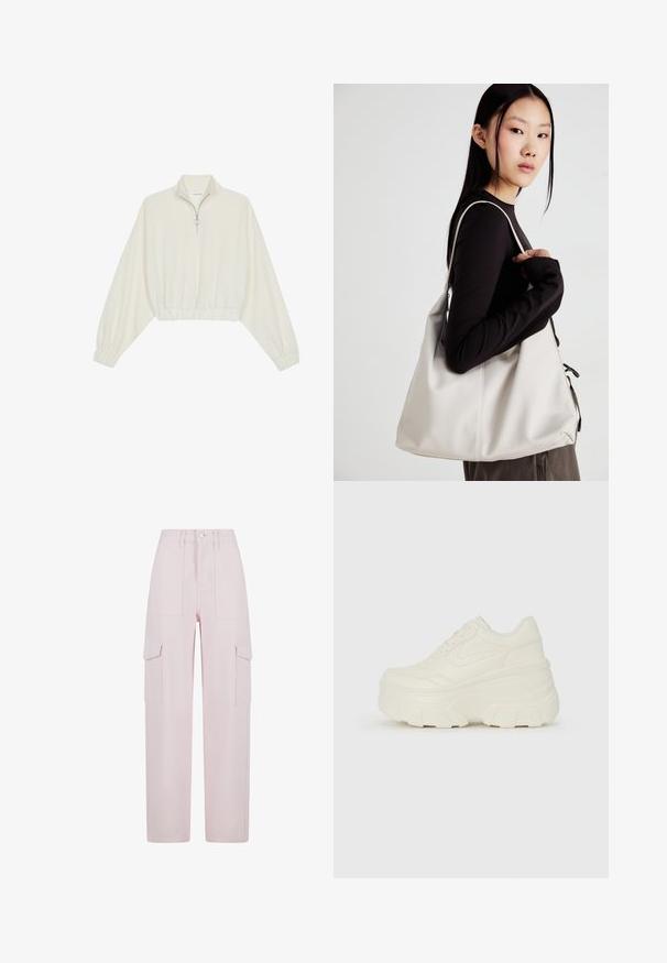Pulover scurt din stofă crem, cu guler înalt, închidere cu fermoar pe jumătate, elastic la margini și la manșete, cu o textură netedă și un design minimalist.; Pantaloni cargo roz, cu o croială lejeră, două flapsuri pentru buzunare laterale și un închidere cu buton la talie. Realizați dintr-un material rezistent, cu o textură netedă.; Adidași platformă albi, cu un superior neted asemănător cu pielea, formă rotunjită, guler căptușit și talpă din cauciuc texturată cu borduri bine definite.; Geantă bej din material moale, cu un design lejer, detalii cusute și două bretele pentru umăr. Potrivită pentru utilizarea zilnică.