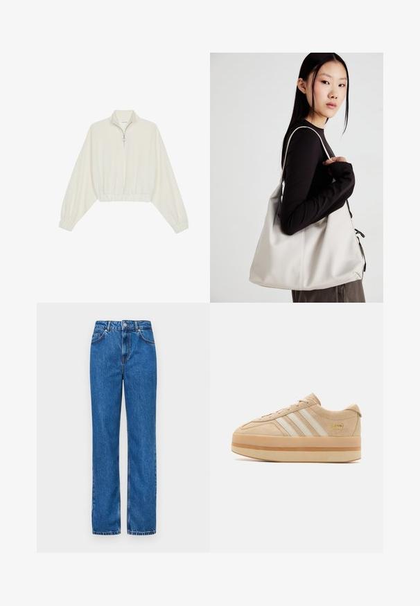 Kreemfarbenest lühikese varrukaga kudum, millel on kõrge kaelus, pool tõmblukk, elastne allosa ja varrukad, sile tekstuur ja minimaalne disain.; Sinine teksapüksid kõrge vöökohtade disainiga, sirge lõikega, valged õmblusaktsendid ja klassikaline nupulukk vööl.; Bež nubukist platvorme kindad valgete kolme triibuga, ümmargune varvas ja beez kummitald, millel on külgedel kuldne logoaksent.; Bež käekott pehme materjali, millel on lõtv disain, õmblustega detailid ja kaks õlarihma. Sobib igapäevaseks kasutamiseks.