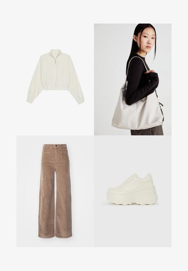 Pullover court en tissu crème, avec un col haut, fermeture éclair à mi-hauteur, ourlet et poignets élastiqués, offrant une texture lisse et un design minimaliste.; ONLY HOPE GLOBAL HW EBBA POCKETS - Pantalon classique - fossil; Baskets plateformes blanches avec une tige en simili cuir lisse, une forme arrondie, un col rembourré et une semelle en caoutchouc texturé avec des crampons définis.; Sac à main beige en matériau souple, avec un design décontracté, des détails cousus et deux poignées. Idéal pour un usage quotidien.