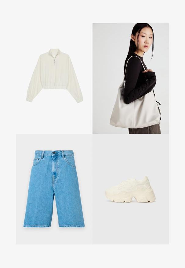 Skraćeni pulover od kremastog materijala, s visokim ovratnikom, zatvaranjem na polovicu munje, elastičnim rubom i manžetama, s glatkom teksturom i minimalnim dizajnom.; Svijetloplavi traper šorti s opuštenim krojem, sa petljama za remen, zatvaranjem na dugme i prednjim džepovima. Tkanina ima glatku teksturu.; Masivne bijele tenisice od teksturirane mreže i sintetičkih materijala, sa debelim potplatom i složenim uzorcima duž strana.; Bežna torba od mekog materijala s opuštenim dizajnom, šivanim detaljima i dva remena za rame. Pogodna za svakodnevnu upotrebu.