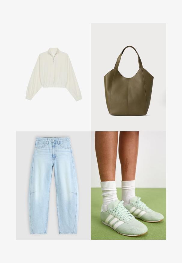 Sudadera cropped en tejido crema, con cuello alto, cierre de media cremallera, dobladillo y puños elásticos, con una textura suave y un diseño minimalista.; Jeans de mezclilla azul claro con un ajuste relajado, que presentan una cintura alta, diseño de cinco bolsillos y un ligero desvanecimiento con detalles de dobladillo deshilachado.; Zapatillas deportivas de color verde menta con rayas blancas, textura de cuero suave, punta redondeada y suela de goma, combinadas con calcetines blancos de canalé.; Bolso tote de piel verde oliva con asas dobles, textura suave y diseño de cuatro paneles. Costura reforzada a lo largo de las costuras para mayor durabilidad.