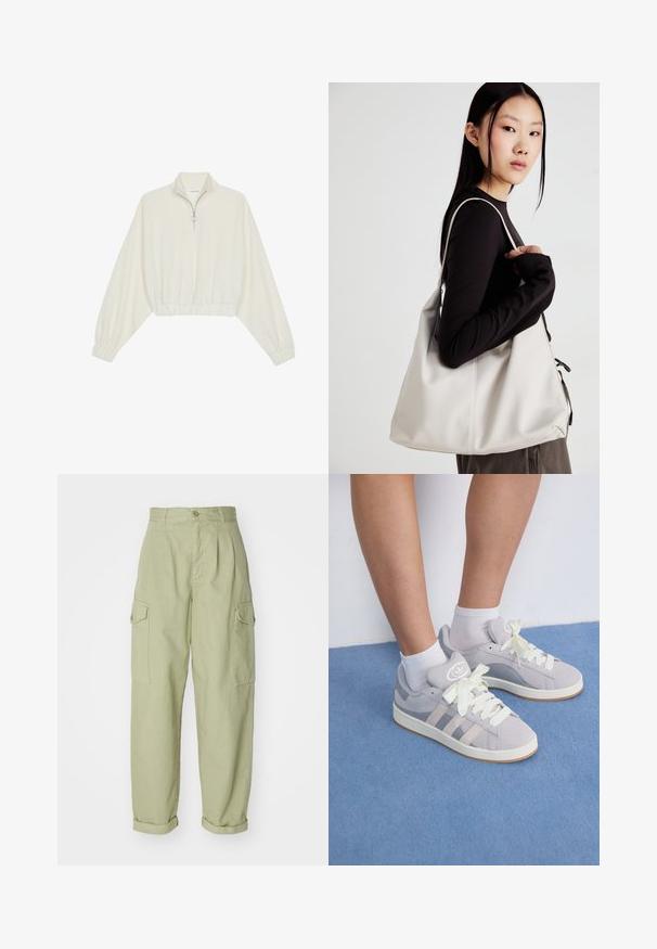Kreptais pusītes džemperis krēmkrāsā, ar augstu apkakli, puszipa aizdari, elastīgu apakšmalu un aprocēm, ar gludu tekstūru un minimālistisku dizainu.; Gaiši zaļas kravas bikses, izgatavotas no kokvilnas auduma. Tām ir augsts jostasvieta, sarullētas malas un divi sānu kravas kabatas papildu praktiskumam.; Pelēki zamša sporta apavi ar baltām šņorēm un gumijas zoli, ar trim diagonālām svītrām sānos un logotipa uzšuvi uz mēles.; Bežs rokassoma, izgatavota no mīksta materiāla, ar brīvu dizainu, izšūtu apdari un divām plecu siksnām. Piemērota ikdienas lietošanai.