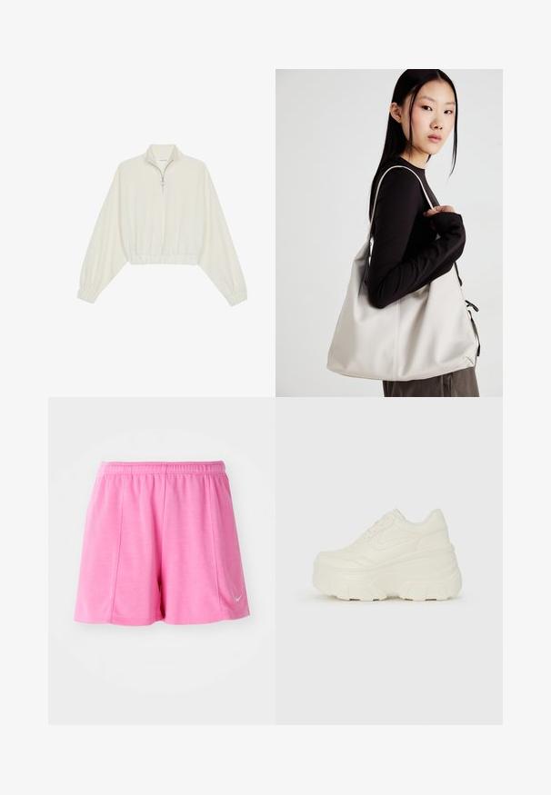 Pullover curto em tecido creme, apresentando um colarinho alto, fecho de meio zíper, bainha e punhos elásticos, com uma textura suave e design minimalista.; Calções atléticos cor-de-rosa feitos de um tecido suave, com uma cintura elástica e um detalhe de logotipo na lateral. Design de perna reta com uma textura lisa.; Tênis brancos de plataforma com um cabedal suave semelhante a couro, formato arredondado, colarinho acolchoado e sola de borracha texturizada com ranhuras bem definidas.; Uma bolsa bege feita de material macio, com um design descontraído, detalhes de costura e duas alças para o ombro. Adequada para uso diário.