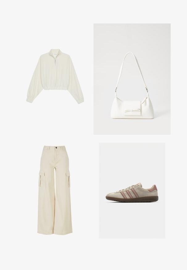 Krém színű, rövidített pulóver, magas gallérral, félig cipzáros záródással, elasztikus derék- és ujjakrésszel, sima textúrával és minimalista dizájnnal.; Beige, bő szárú cargo nadrág, pamutból készült, két nagy oldalsó zsebbel, elülső gombos záródással és letisztult szegéllyel.; Beige velúr sneaker rózsaszín részletekkel, három átfedő csíkkal, textúrázott orr résszel és bordázott gumitalppal.; Fehér szintetikus kézitáska, háromszög alakú, lapos előlap, masni részlettel, állítható pánttal, sima textúrával és minimalista dizájnnal.