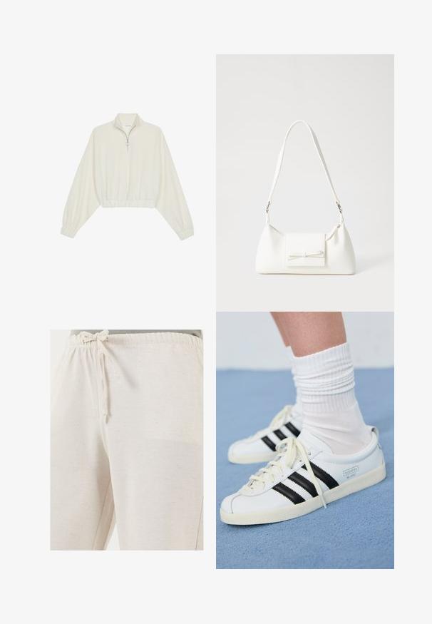 Skórzany pulower w kolorze kremowym, z wysokim kołnierzem, półzamkiem, elastycznym wykończeniem u dołu i mankietami, o gładkiej teksturze i minimalistycznym designie.; LELA - Spodnie materiałowe; Białe skórzane sneakersy z czarnymi paskami, kremową podeszwą i jasnymi sznurowadłami. Noszone z białymi skarpetkami w prążki, umieszczone na niebieskim tle.; Biała syntetyczna torba o trójkątnym kształcie, płaskim przednim klapce i detalach w postaci kokardy, regulowanym pasku, gładkiej fakturze oraz minimalistycznym designie.