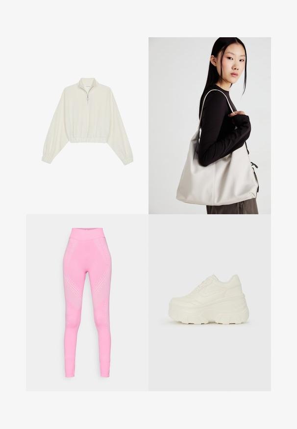 Pullover accorciato in tessuto crema, con colletto alto, chiusura a zip parziale, orlo e polsini elasticizzati, dalla texture liscia e design minimal.; Leggings sportivi rosa con una vita alta, caratterizzati da sottili motivi a onda e accenti a pois lungo i lati. Tessuto morbido e elasticizzato.; Sneakers bianchi con piattaforma, caratterizzati da una parte superiore simile alla pelle liscia, forma arrotondata, collo imbottito e suola in gomma testurizzata con scanalature ben definite.; Borsa a mano beige realizzata in materiale morbido, caratterizzata da un design morbido, dettagli cuciti e due manici. Adatta per l'uso quotidiano.