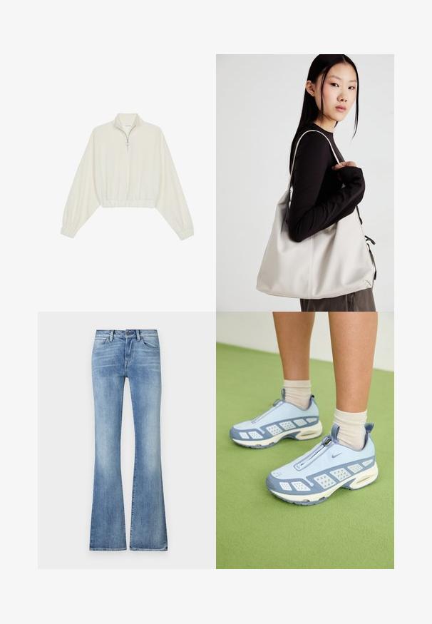 Kreptais pusītes džemperis krēmkrāsā, ar augstu apkakli, puszipa aizdari, elastīgu apakšmalu un aprocēm, ar gludu tekstūru un minimālistisku dizainu.; Gaiši zili plati džinsi, izgatavoti no denima, ar klasisku piecu kabatu dizainu, pogu aizdari un vieglu nodilumu priekšpusē.; Gaiši zili sporta apavi ar baltajiem akcentiem, teksturētām paneļiem un ar rāvējslēdzēja aizdari. Raksturīga redzama gaisa amortizācijas zole un gumijas zole.; Bežs rokassoma, izgatavota no mīksta materiāla, ar brīvu dizainu, izšūtu apdari un divām plecu siksnām. Piemērota ikdienas lietošanai.