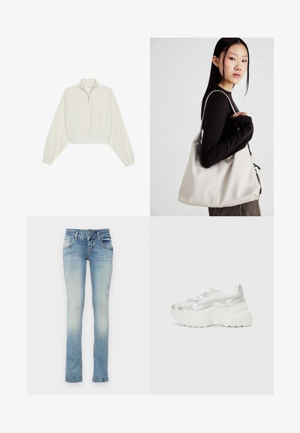 Krém színű, rövidített pulóver, magas gallérral, félig cipzáros záródással, elasztikus derék- és ujjakrésszel, sima textúrával és minimalista dizájnnal.; Világoskék farmernadrág, slim fit szabással, kopott hatású dizájnnal, öt zsebbel, kettős gombos záródással és enyhe kopásokkal az anyagon.; Ezüst színű sportcipő, texturált hálós felsőrésszel és irizáló díszítésekkel, tömbös fehér talppal és fűzős záródással.; Puha anyagból készült bézs kézitáska, laza dizájnnal, varrott részletekkel és két vállpánttal. Mindennapi használatra alkalmas.