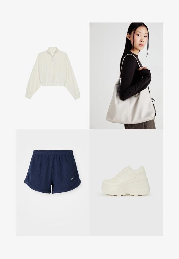 Pullover curto em tecido creme, apresentando um colarinho alto, fecho de meio zíper, bainha e punhos elásticos, com uma textura suave e design minimalista.; Calções de desporto azul-marinho, com riscas, e um cós elástico, apresentando um pequeno logótipo branco da Nike no lado inferior. Tecido suave ao toque.; Tênis brancos de plataforma com um cabedal suave semelhante a couro, formato arredondado, colarinho acolchoado e sola de borracha texturizada com ranhuras bem definidas.; Uma bolsa bege feita de material macio, com um design descontraído, detalhes de costura e duas alças para o ombro. Adequada para uso diário.