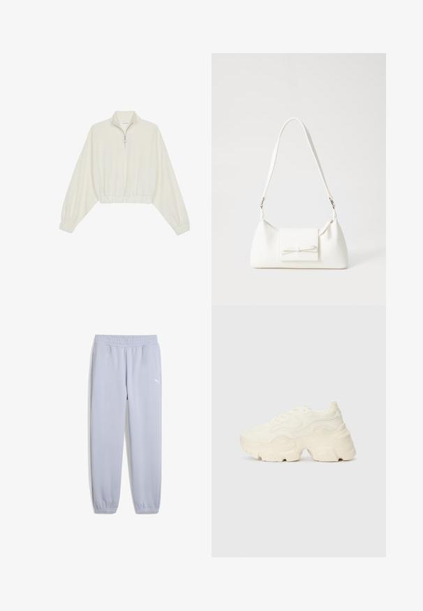 Krém színű, rövidített pulóver, magas gallérral, félig cipzáros záródással, elasztikus derék- és ujjakrésszel, sima textúrával és minimalista dizájnnal.; Világosszürke Puma melegítőnadrág puha anyagból, rugalmas derékkal és szegélyekkel. A bal combján egy kis fehér logó található.; Tömbös fehér sneakers, amely texturált hálóból és szintetikus anyagokból készült, vastag talppal és bonyolult mintázattal az oldalakon.; Fehér szintetikus kézitáska, háromszög alakú, lapos előlap, masni részlettel, állítható pánttal, sima textúrával és minimalista dizájnnal.