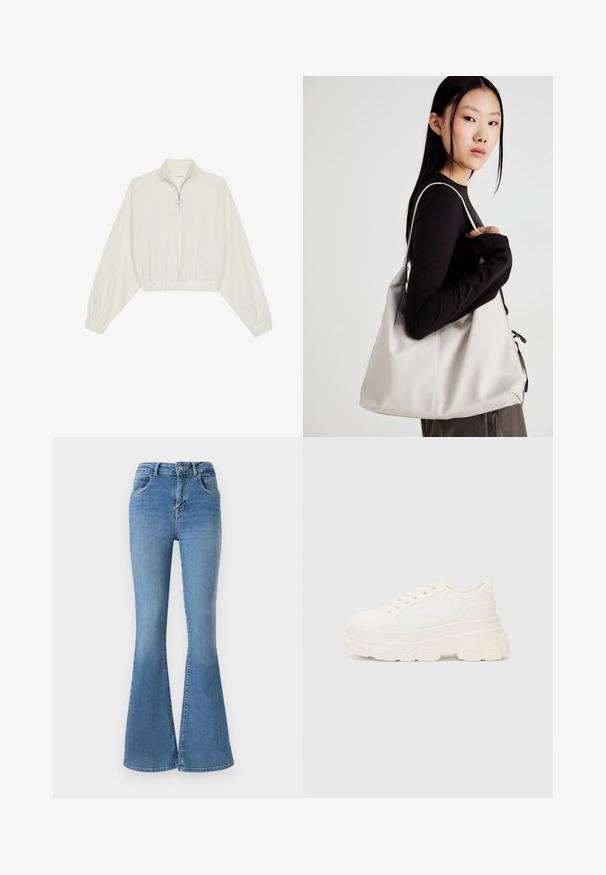 Pullover curto em tecido creme, apresentando um colarinho alto, fecho de meio zíper, bainha e punhos elásticos, com uma textura suave e design minimalista.; Jeans à boca de sino feitos de denim azul, apresentando uma cintura alta, fecho com zíper e botão, e um design desbotado com detalhes de desgaste sutis.; Sapatilhas brancas em lona com sola espessa, biqueira arredondada e cinco ilhós para atacadores. Laço traseiro para calçar facilmente. Textura suave, design minimalista.; Uma bolsa bege feita de material macio, com um design descontraído, detalhes de costura e duas alças para o ombro. Adequada para uso diário.
