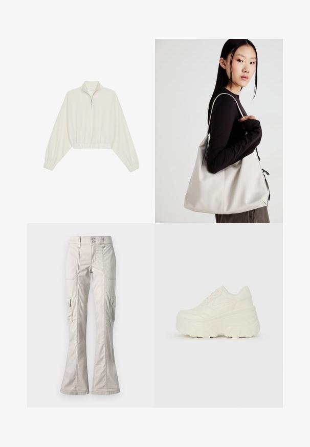 Kreminės spalvos trumpas megztinis, turintis aukštą apykaklę, pusiau užtrauktuką, elastinį apačią irRankovių kraštus, su lygiu paviršiumi ir minimalizuotu dizainu.; Šviesiai pilkos cargo kelnės turi išplatėjantį apačią, dvigubą mygtuko užsegimą, priekinės ir šonines kišenes, pagamintos iš lygaus, šiek tiek tekstūruoto audinio.; Baltos platformos sportbačiai su lygiu odos primenančiu paviršiumi, apvalia forma, paminkštintu apykakle ir tekstūruotu guminiu padu su ryškiais protektoriais.; Bežinė rankinė, pagaminta iš minkštos medžiagos, turinti laisvą dizainą, siuvinėtas detalės ir dvi petnešos. Tinkama kasdieniam naudojimui.