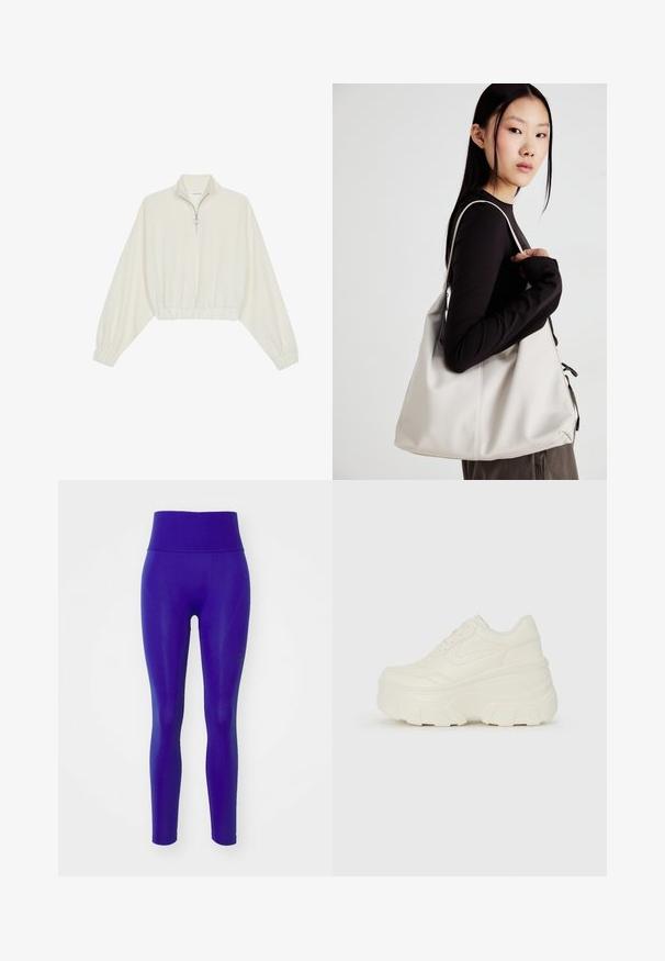 Kort genser i kremfarget stoff, med høy krage, halv glidelås, elastisk nederste kant og mansjetter, med en glatt tekstur og minimalistisk design.; Puma SHAPELUXE SEAMLESS - Tights - lapis lazuli; Hvite plattformsnickers med en glatt læraktig overdel, avrundet form, polstret krage og teksturert gummisåle med tydelige dekk.; Beige håndveske laget av mykt materiale, med en slapp design, sydd detaljer og to skulderstropper. Passer for daglig bruk.