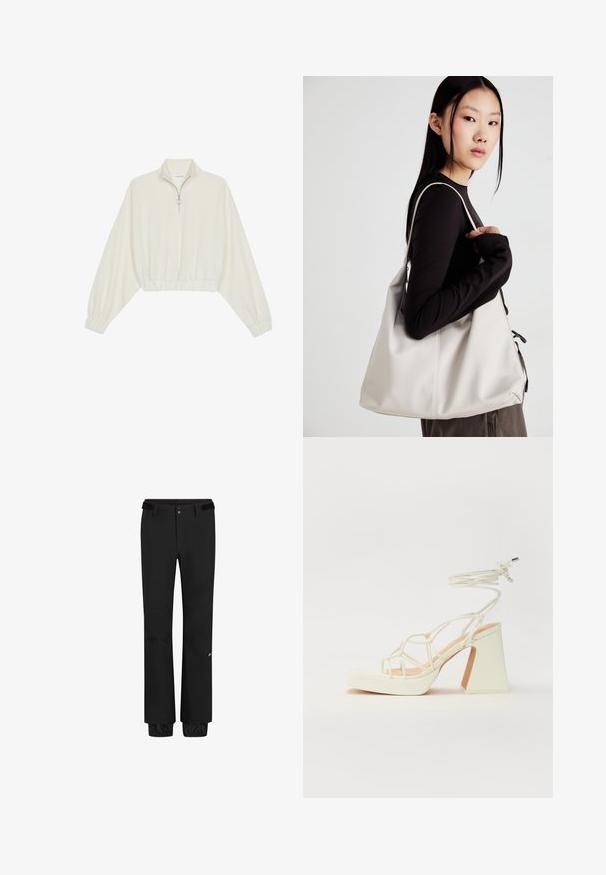 Skraćeni pulover od kremastog materijala, s visokim ovratnikom, zatvaranjem na polovicu munje, elastičnim rubom i manžetama, s glatkom teksturom i minimalnim dizajnom.; Crne vanjske hlače sadrže standardni pojas s remenom, zatvaranje na dugme, elastične manžete i logo na donjem dijelu nogavice. Lagana, izdržljiva tkanina.; Bijela sandala na visokoj potpetici s debelim petom, s remenom i vezanjem oko gležnja. Glatka tekstura s platformom sprijeda za dodatnu visinu.; Bežna torba od mekog materijala s opuštenim dizajnom, šivanim detaljima i dva remena za rame. Pogodna za svakodnevnu upotrebu.