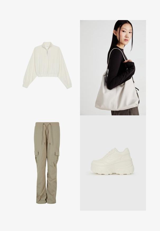 Sudadera cropped en tejido crema, con cuello alto, cierre de media cremallera, dobladillo y puños elásticos, con una textura suave y un diseño minimalista.; Pantalones cargo beige hechos de tejido ligero, con una cintura ajustable, bolsillos laterales y un corte relajado para mayor comodidad.; Zapatillas de plataforma blancas con un upper suave similar al cuero, forma redondeada, cuello acolchado y suela de goma texturizada con surcos definidos.; Bolso de mano beige hecho de material suave, con un diseño holgado, detalles cosidos y dos asas. Adecuado para uso diario.