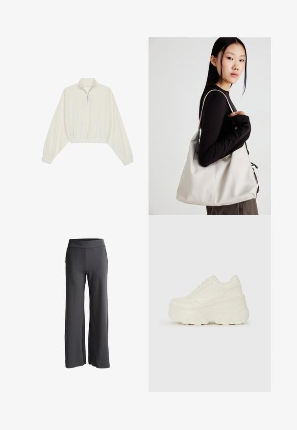 Kreptais pusītes džemperis krēmkrāsā, ar augstu apkakli, puszipa aizdari, elastīgu apakšmalu un aprocēm, ar gludu tekstūru un minimālistisku dizainu.; Plati bikses tumši pelēkā audumā ar mīkstu tekstūru. Iespējama augsta elastīga josta un sānu kabatas papildu funkcionalitātei.; Baltie platformas sporta apavi, kas izgatavoti no gludas mākslīgās ādas, ar noapaļotu formu, mīkstu apkakli un teksturētu gumijas zoli ar izteiktiem rakstiem.; Bežs rokassoma, izgatavota no mīksta materiāla, ar brīvu dizainu, izšūtu apdari un divām plecu siksnām. Piemērota ikdienas lietošanai.