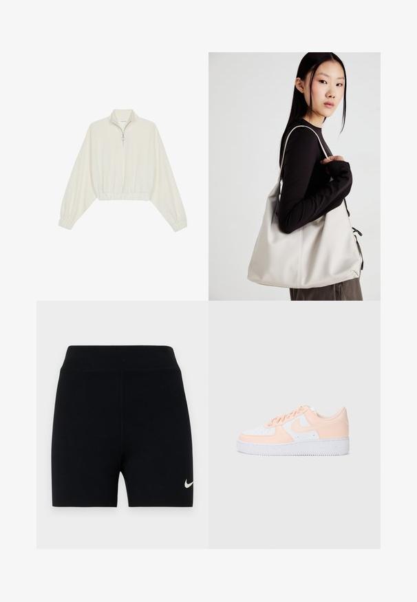Kratka pulover v kremnem blagu, z visokim ovratnikom, pol-zadrgo, elastičnim robom in manšetami, z gladko teksturo in minimalističnim oblikovanjem.; Črne atletske hlače iz raztegljive tkanine z visokim pasom. Imajo majhen bel Nike logo na levi strani. Gladka tekstura.; Nike Air Force 1 teniske imajo bel usnjeni zgornji del z mehkimi roza poudarki. Guma podplat je teksturiran za boljši oprijem. Klasična zasnova in vezalni sistem.; Bežna torbica iz mehkega materiala, z ohlapno zasnovo, šivi in dvema naramnicama. Primerna za vsakodnevno uporabo.