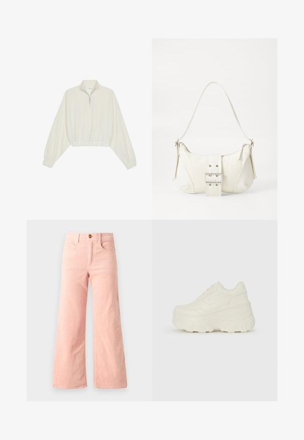 Krém színű, rövidített pulóver, magas gallérral, félig cipzáros záródással, elasztikus derék- és ujjakrésszel, sima textúrával és minimalista dizájnnal.; Rózsaszín kordbársony, bővülő szárú nadrág, bordás textúrával, két első zsebbel és fémből készült gombbal záródik.; Fehér platform sportcipők, sima bőrszerű felsőrésszel, kerek formával, párnázott bokával és texturált gumitalppal, jól definiált mintázattal.; Fehér válltáska texturált felülettel, középen csattogó részlettel és íves formával. Cipzáras záródás mindkét oldalon.