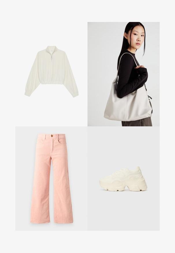 Cropped pullover in cream fabric, featuring a high collar, half-zip closure, elasticated hem and cuffs, with a smooth texture and minimal design.; Pink corduroy wide-leg pants with a ribbed texture, featuring two front pockets and a metal button closure.; Chunky white sneakers made of textured mesh and synthetic materials, featuring a thick sole and intricate pattern details along the sides.; Beige handbag made of soft material, featuring a slouchy design, stitched detailing, and two shoulder straps. Suitable for everyday use.