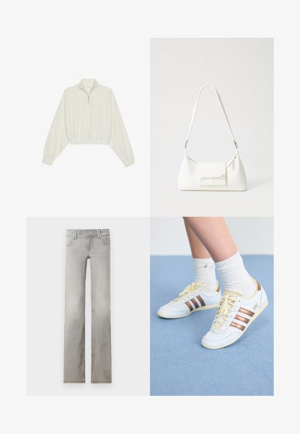 Zkrátený pulover z krémového materiálu, s vysokým golierom, polovičným zipsom, elastickým lemom a manžetami, s hladkou textúrou a minimalistickým dizajnom.; Svetloživé džínsy s rovnou nohavicou, vyrobené z denimu. Obsahujú dve predné vrecká, pás s dvoma gombíkmi a viditeľný šev.; Biele tenisky s bronzovými pruhmi, textúrovaná koža, žlté šnúry a perforované detaily. Nosia sa s bielymi rebrovanými ponožkami na jemnom modrom povrchu.; Biela syntetická kabelka s trojuholníkovým tvarom, plochým predným klapkou a detailom mašle, nastaviteľným popruhom, hladkou textúrou a minimalistickým dizajnom.