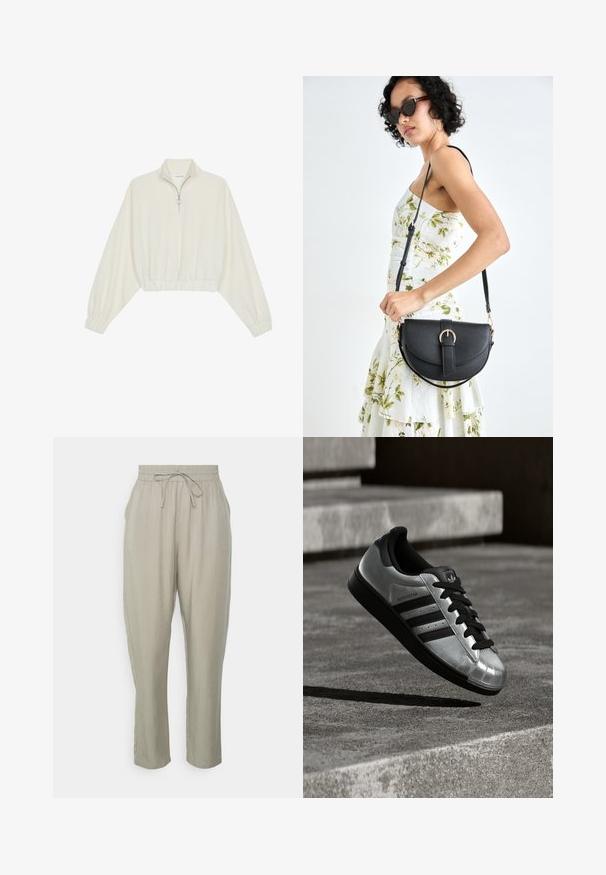 Pullover curto em tecido creme, apresentando um colarinho alto, fecho de meio zíper, bainha e punhos elásticos, com uma textura suave e design minimalista.; Calças ligeiramente cinzentas, soltas, com cintura elástica e cordão. Apresentam pernas retas e textura suave, adequadas para uso casual.; Sapatilha prateada com sola de borracha preta, atacadores pretos e três riscas pretas. Apresenta um acabamento metálico e design clássico com biqueira reforçada.; Bolsa de couro preta com forma curva, alça destacável e detalhes em dourado. A bolsa possui uma aba com detalhe de fivela.