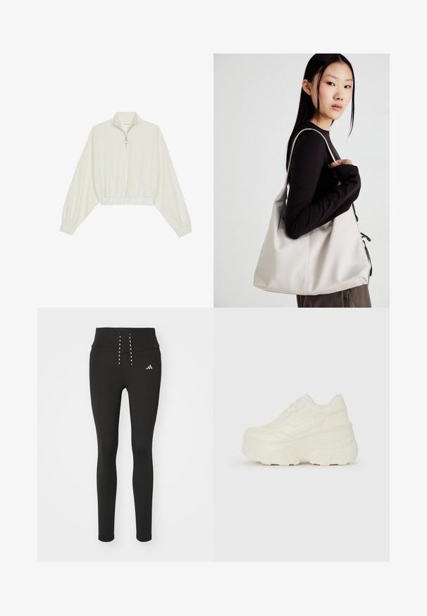 Avkortad tröja i krämfärgad tyg, med hög krage, halvdragkedja, elastisk nederkant och ärmar, med en slät yta och minimalistisk design.; Svart träningsleggings med hög midja, med stiliga snörningsdetaljer och subtil logotyp på sidan. Slät, elastisk tyg.; Vita plattformssneakers med en slät läderliknande överdel, rundad form, vadderad krage och texturerad gummisula med definierade mönster.; Beige handväska tillverkad av mjukt material, med en avslappnad design, sydda detaljer och två axelremmar. Lämplig för dagligt bruk.